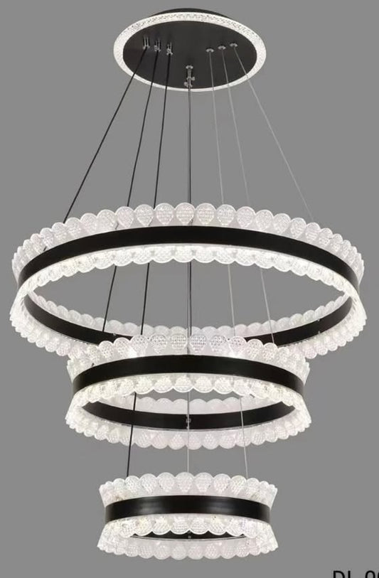 Modern chandelier with multiple circular rings on a gray background