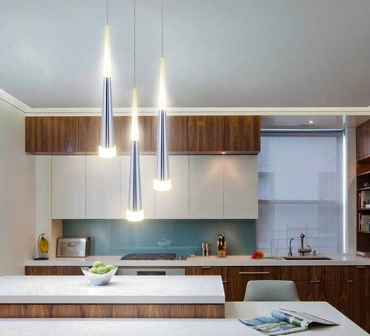 3 sleek ceiling pendants in a modern kitchen designed for stylish lighting solutions
