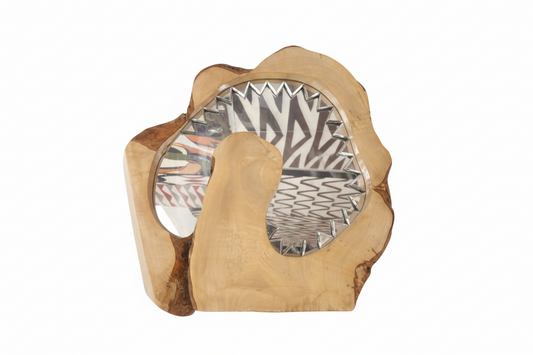 Wooden coaster with a glass center featuring a zebra pattern on a dark background