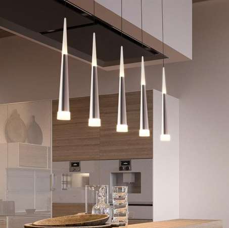 5 sleek ceiling pendants in a modern kitchen with stylish lighting design