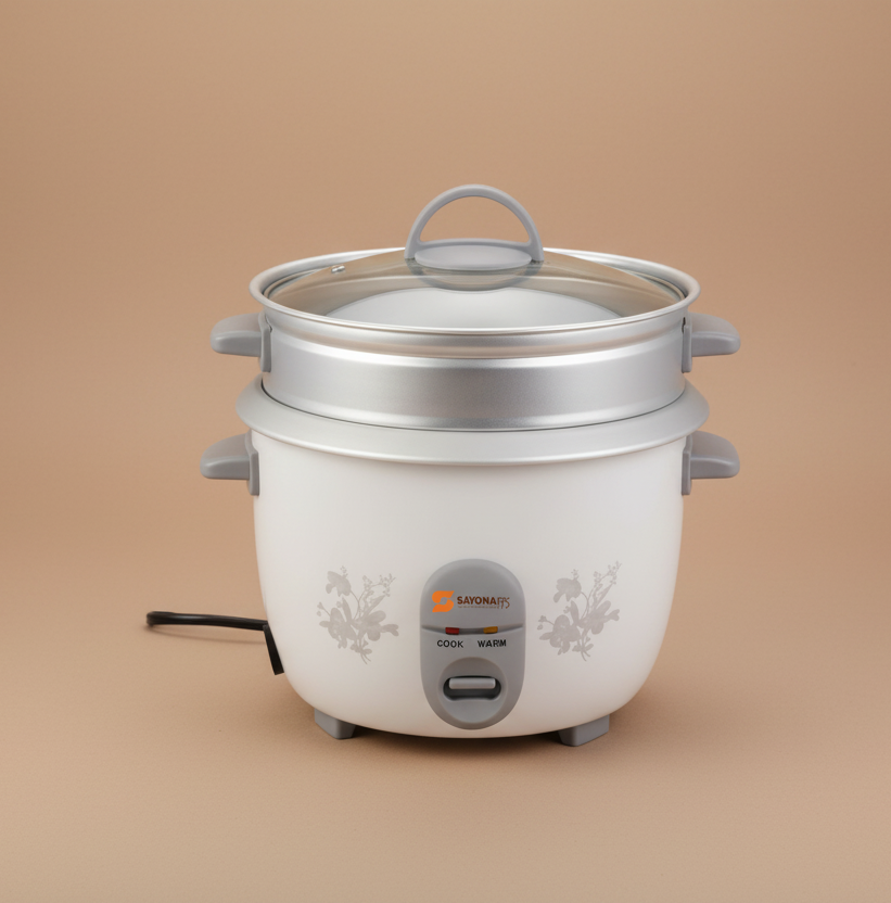 White rice cooker with a clear lid on a white background
