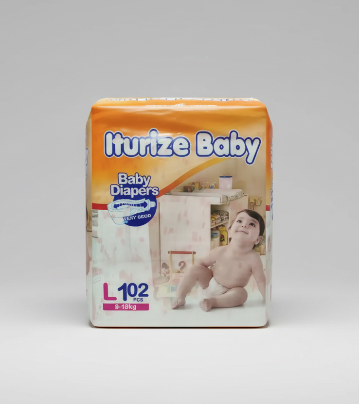 Iturize Baby baby diapers packaging with a child wearing a diaper in a room setting.