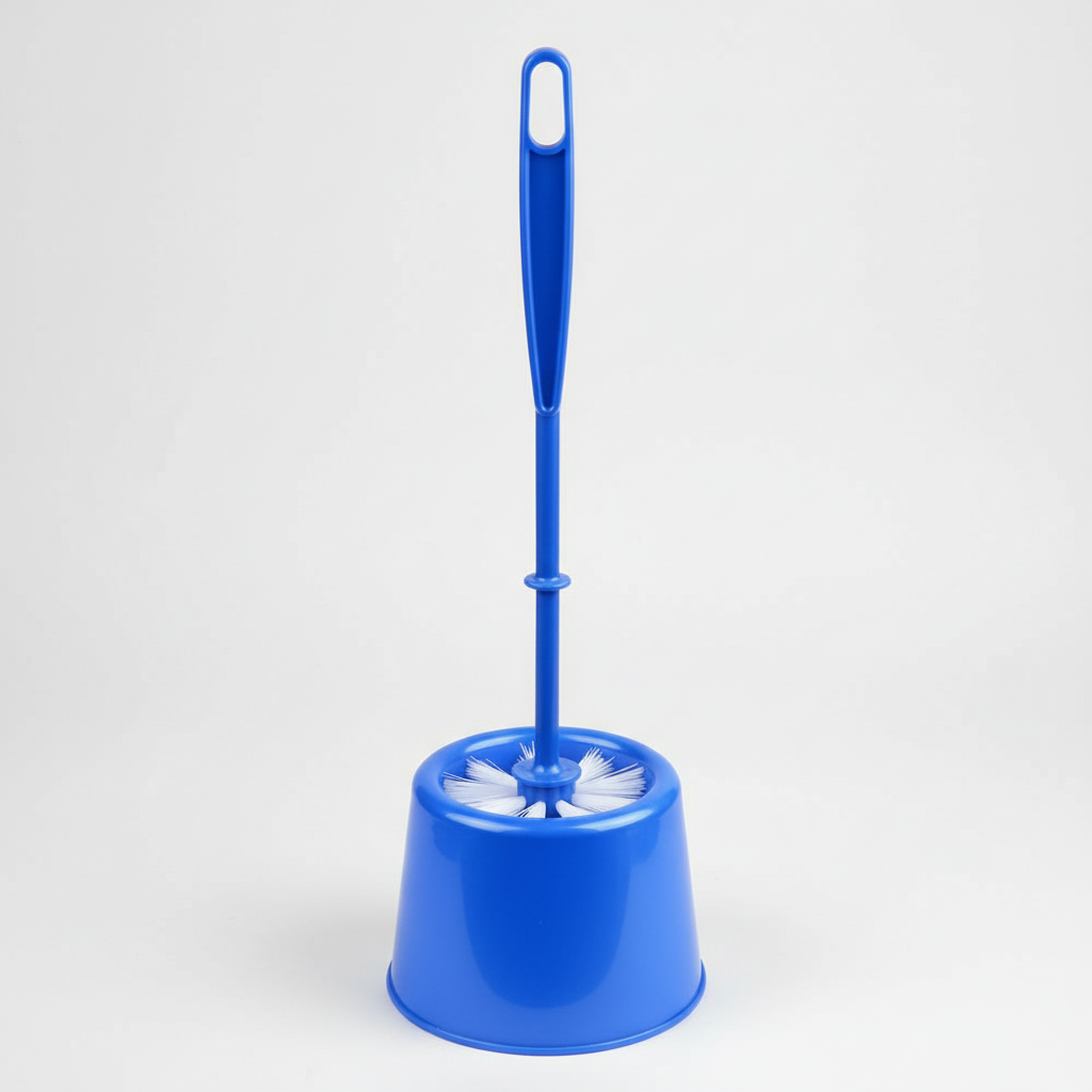 Blue toilet brush with holder on a white background