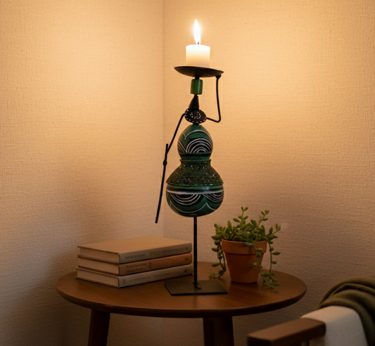 Decorative candle holder with a lit candle on a small round table next to books and a plant.