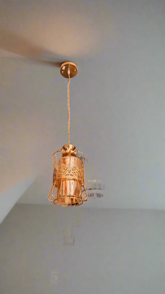vintage-style light fixtures on display against a striped wall.