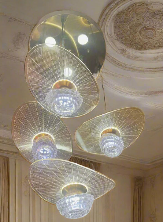 Chandelier with multiple light fixtures hanging from the ceiling.