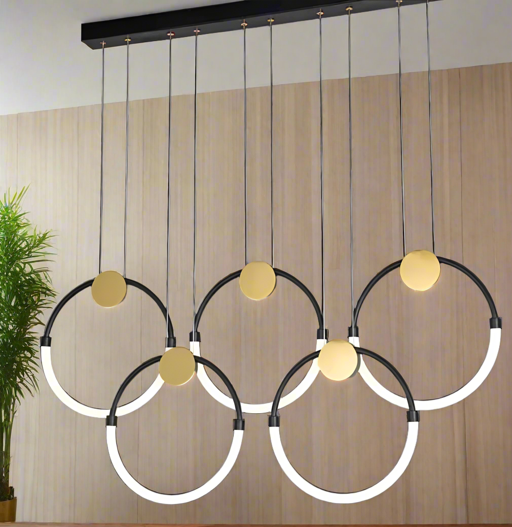 Modern chandelier with circular design on a gray background
