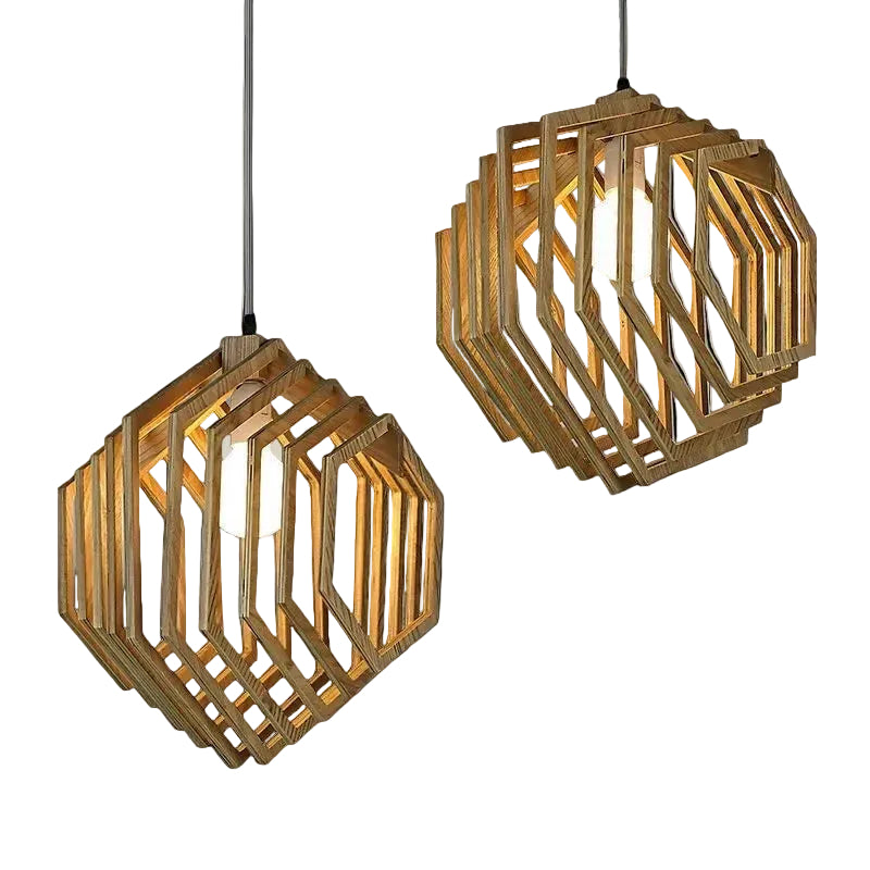 Two wooden pendant lights with geometric design on a gray background, featuring the LooDoo Art Lighting logo.
