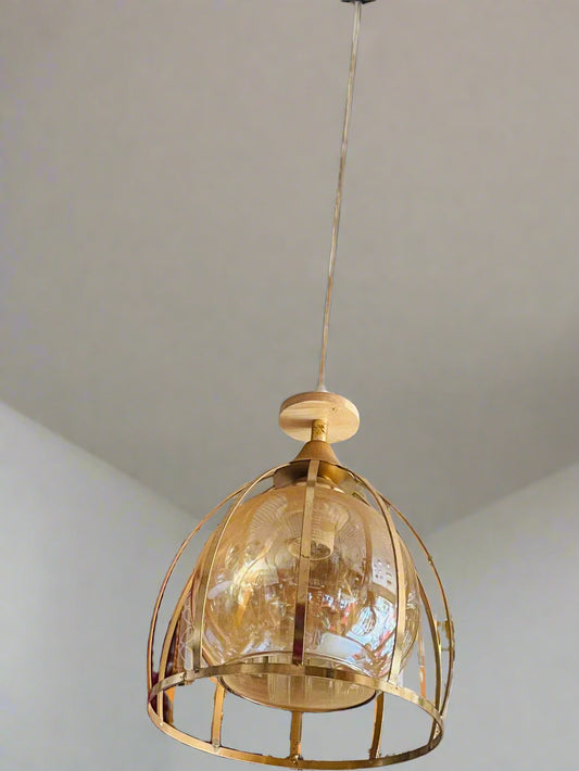 Elegant Amber Cage Pendant Light with a gold metal frame and a translucent glass shade