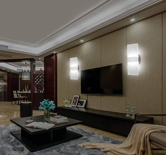 Stylish Amangazini Cardy Wall Lights illuminating a modern living room with elegant decor