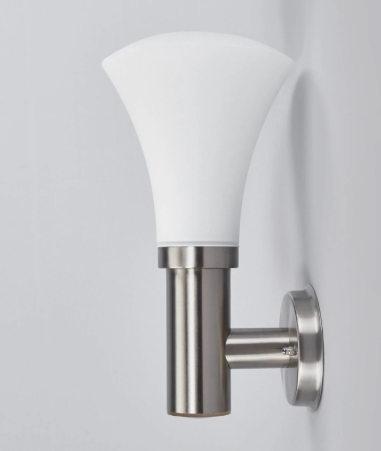 Stylish classy silver wall sconce with a white glass shade for elegant home decor