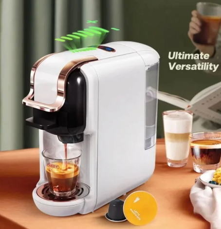 White coffee machine dispensing coffee with a cup on a table, surrounded by various drinks.