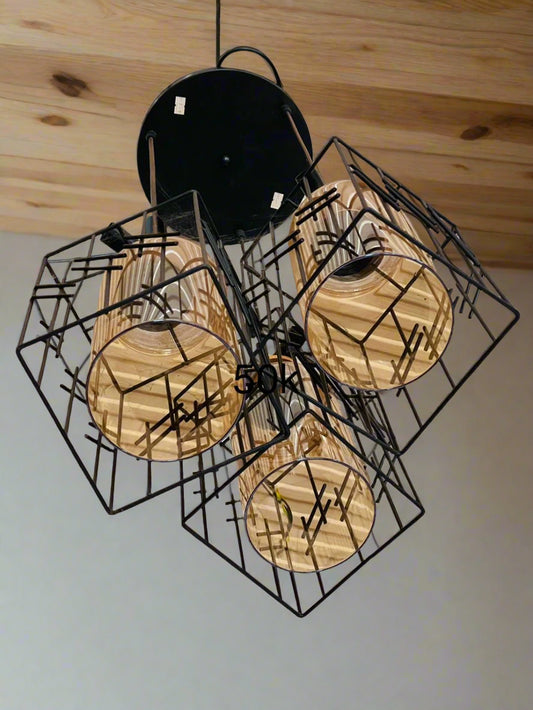 Amangazini decorative grid pendant lamp featuring three unique cage-style bulbs
