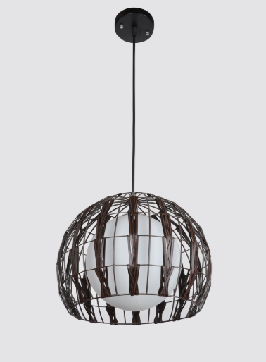 Amangazini decorative wooden pendant fixture with a woven design and a white glass shade