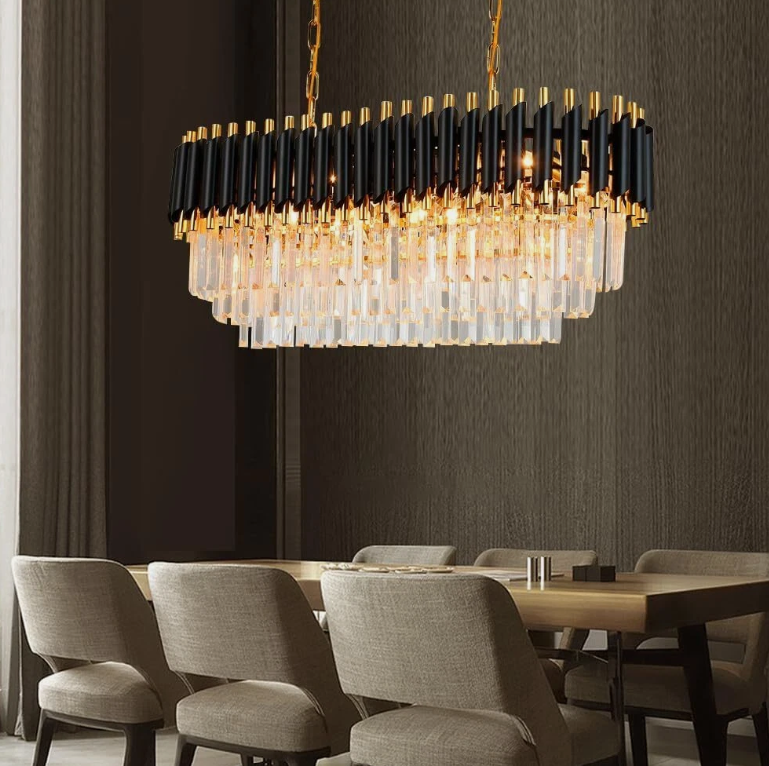 Amangazini elegance linear chandelier with black and gold accents for modern dining spaces