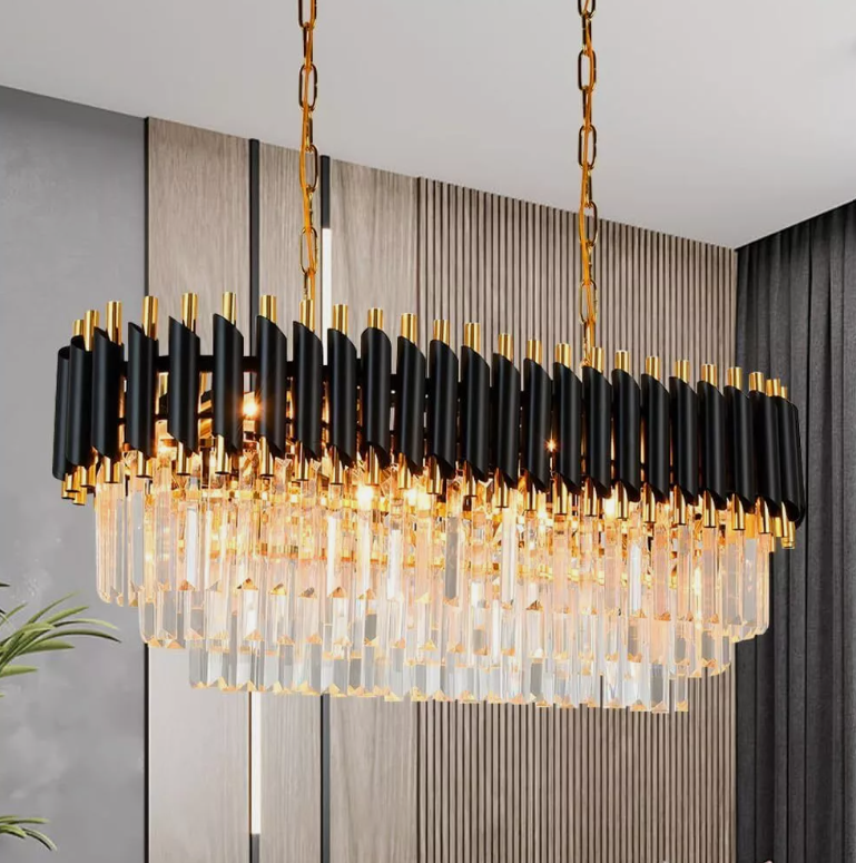 Amangazini elegance linear chandelier with black and gold accents and crystal detail for stylish lighting