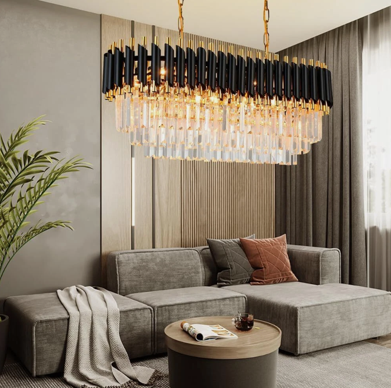 Amangazini elegance linear chandelier in modern living room with stylish decor and soft lighting