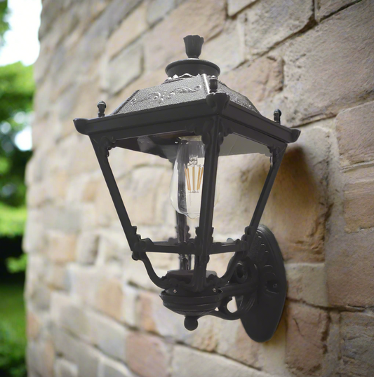 Amangazini Gothic Outdoor Lantern wall-mounted black metal lamp with vintage design on stone wall