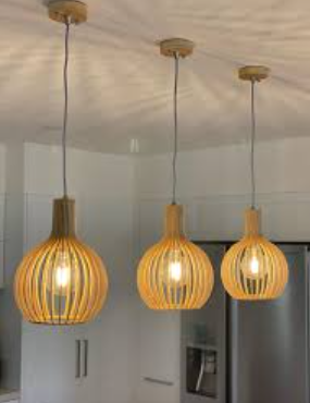 Handcrafted wood light pendant set with three unique shapes for stylish home lighting