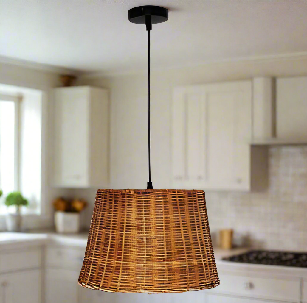 Handwoven Rattan Pendant Light Fixture adding natural warmth to a modern kitchen space