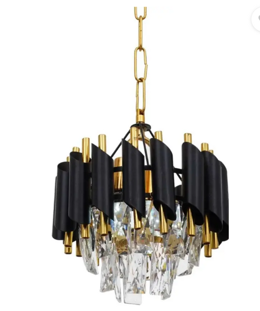 High-end geometric chandelier featuring black and gold design with crystal accents for elegant lighting