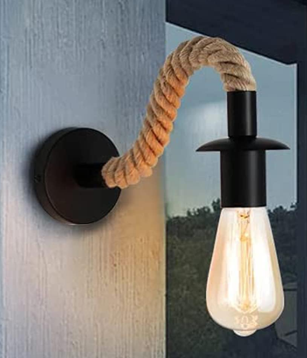 Amangazini Industrial Rope Arm Wall Sconce with black metal base and exposed Edison bulb