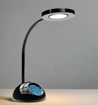 Amangazini LED desk lamp with clock featuring a sleek design and digital display for time and date