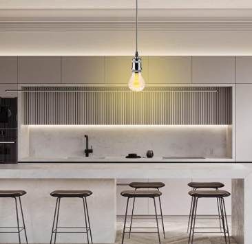 Minimalist Edison Bulb Pendant Holder hanging above modern kitchen island with bar stools