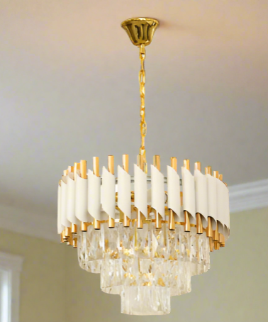 Amangazini Modern Opal Chandelier Pendant with Elegant Gold Accents and Luxurious Crystal Detail