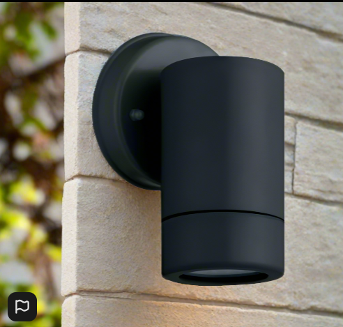 Amangazini Turnable Outdoor Wall Light in sleek black design mounted on a textured stone wall