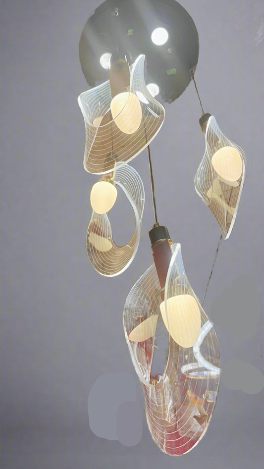 Various ceiling lights hanging from a wooden ceiling