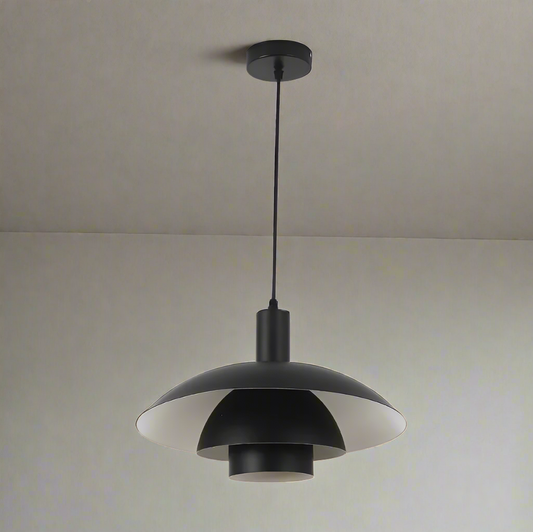 Amangazini Two-Tier Disc Pendant Light in black hanging from ceiling in modern minimalist room