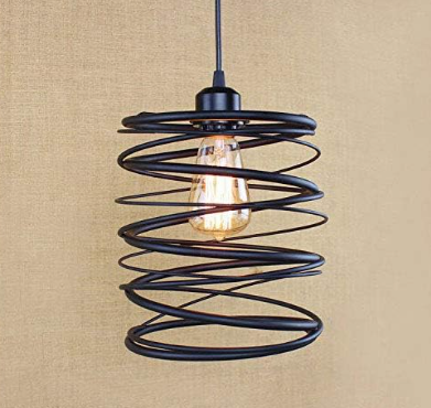 Unique helical ceiling light fixture in black metal with a vintage-style bulb