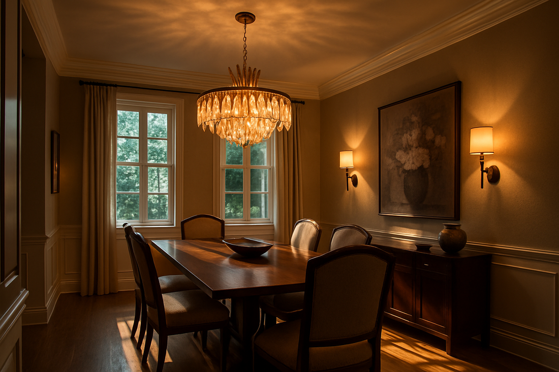 beautiful living room with a table in the middle and a chandelier hanging over it. 