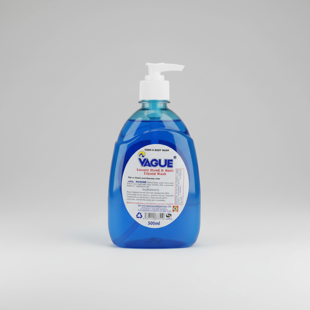 Blue bottle of Vague hand and body wash on a white background