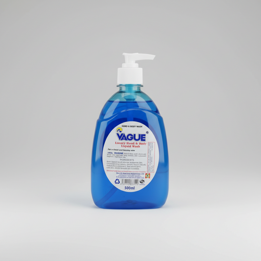 Blue bottle of Vague hand and body wash on a white background