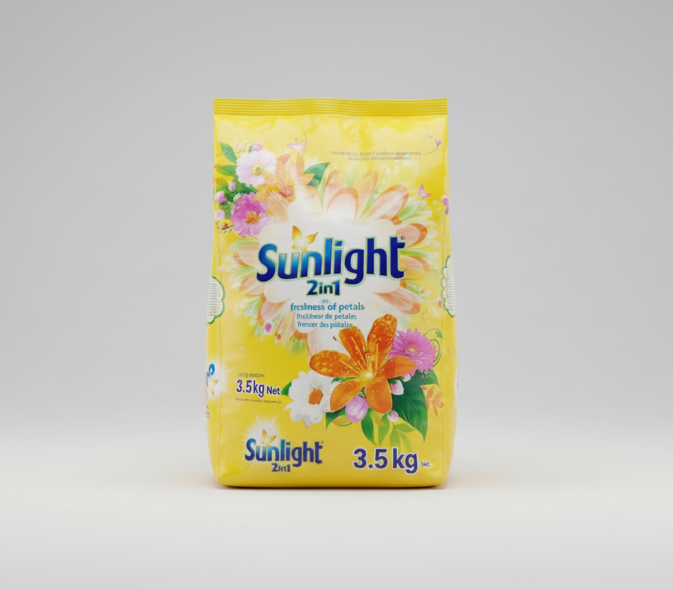 Sunlight 2in1 detergent packet with floral design on a white background