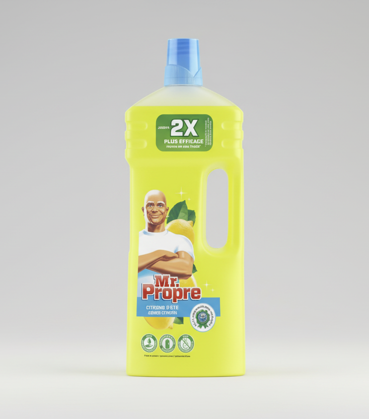 Cleaning product bottle with a brand logo on a white background