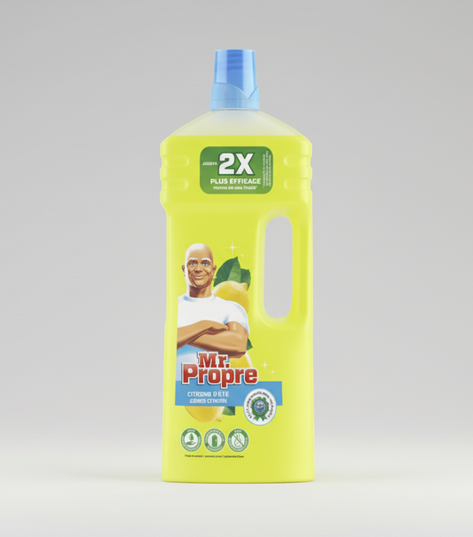 Cleaning product bottle with a brand logo on a white background