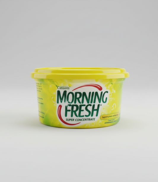 Yellow container of Cussons Morning Fresh on a white background