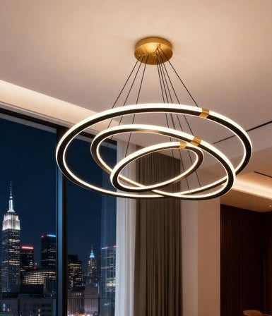 Modern chandelier with circular design in a room with a cityscape view