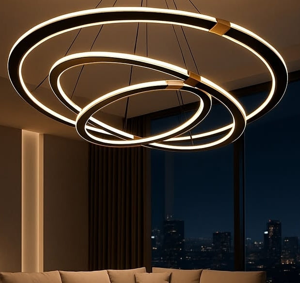 Modern chandelier with three illuminated circular rings in a room with a cityscape view.