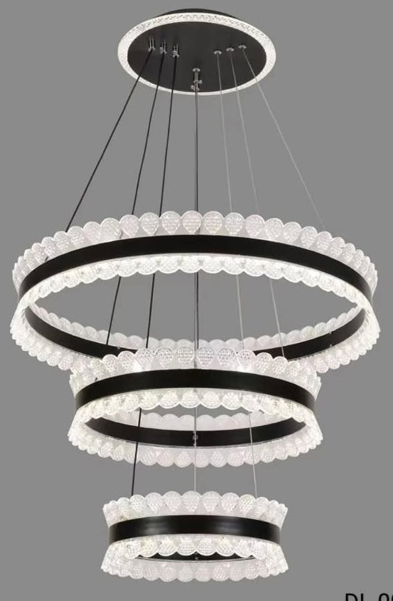 Modern chandelier with multiple circular rings on a gray background