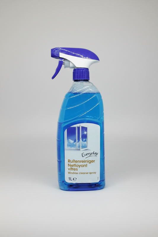 Window cleaner spray bottle with blue and white design on a white background