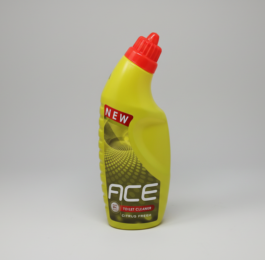 Yellow bottle of ACE toilet cleaner with a red cap on a white background