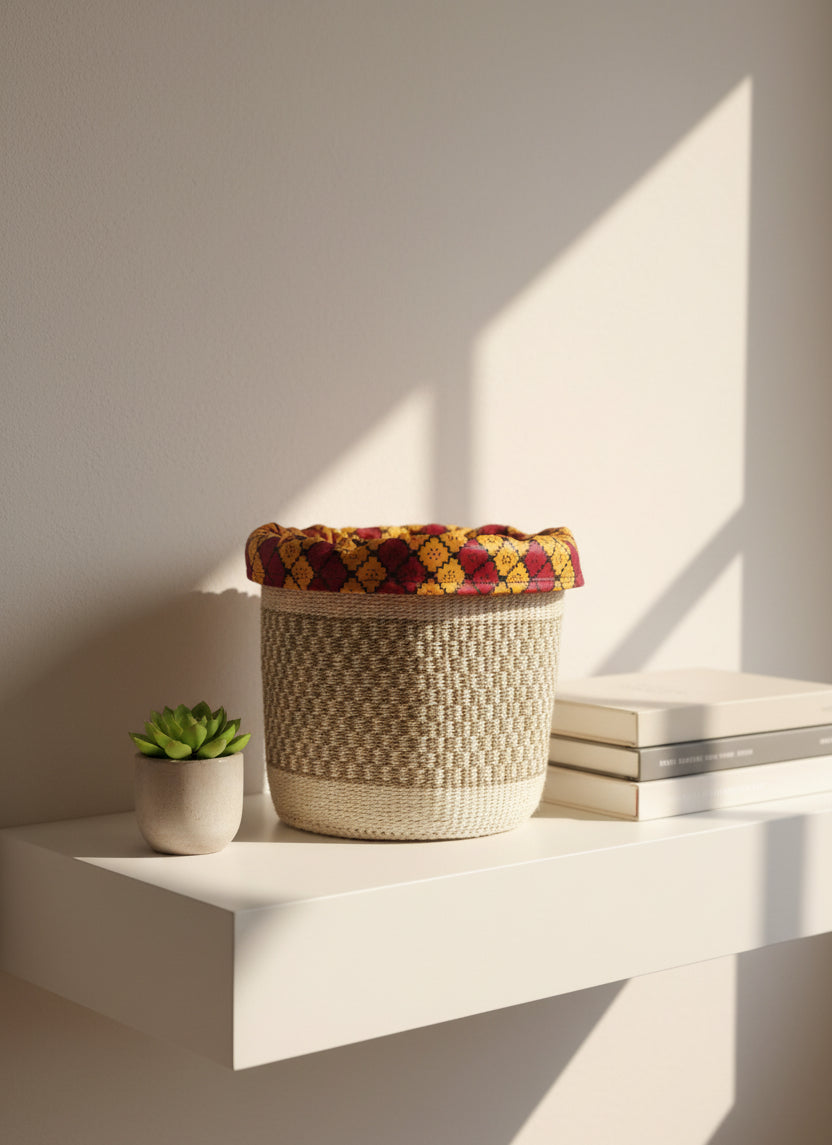 Woven basket with a colorful floral lid on a white surface