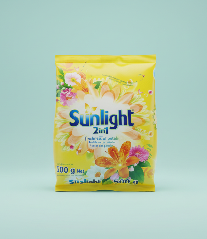 Sunlight laundry detergent packaging with floral design on a white background