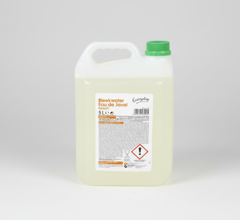 Large container of cleaning solution with a green cap on a white background