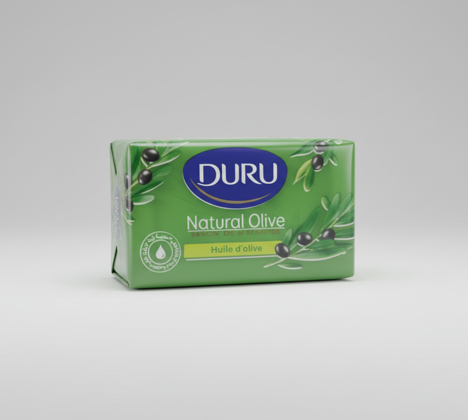 Green package of Duru Natural Olive soap on a white background