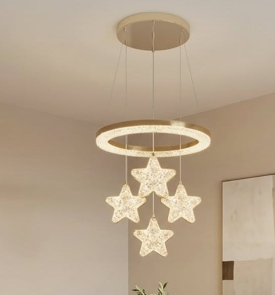 Chandelier with star-shaped lights hanging from the ceiling.